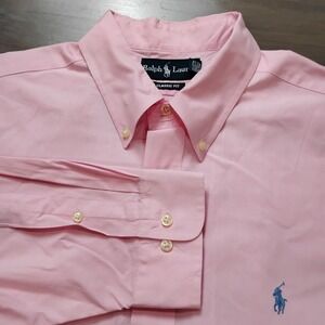Ralph Lauren Button Down Shirt Men's 17.5"/32-33 Pink Blue Pony Classic Fit